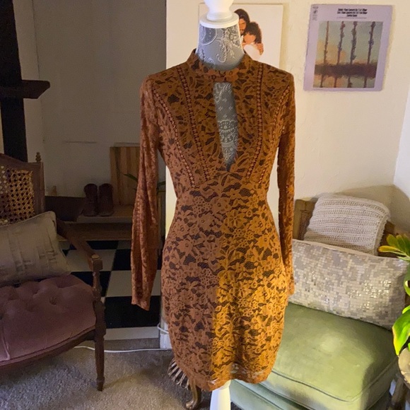 Long Sleeve Lace Gold/ Burnt Orange Midi Dress. - Picture 1 of 5